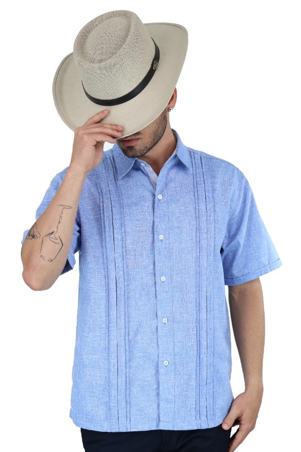 Guayamisa Manga Corta De Lino Azul Jaspe Con Alforza Para Hombre